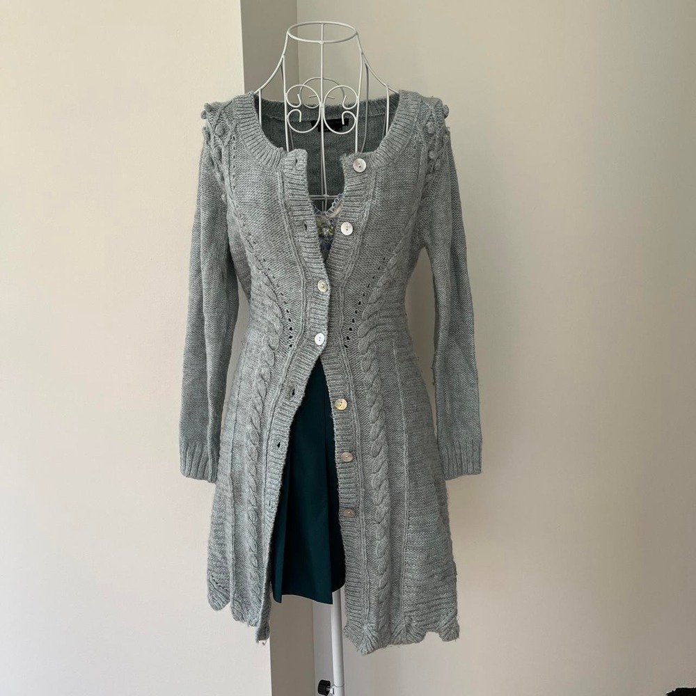 BCBG MAX AZRIA Longline Cable Knit Cardigan Women Size M Light Blue Grey